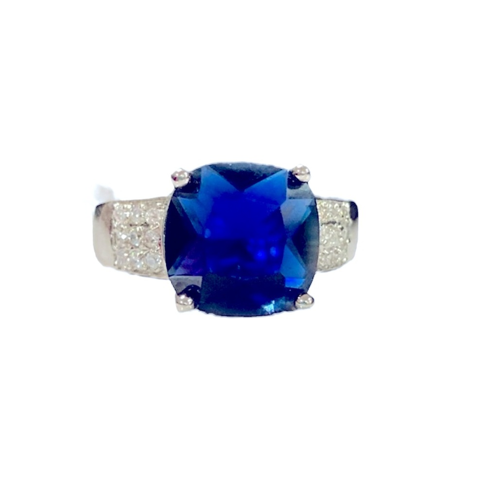 Cushion Cut Blue Stone Ring with crystal accents - Size 9